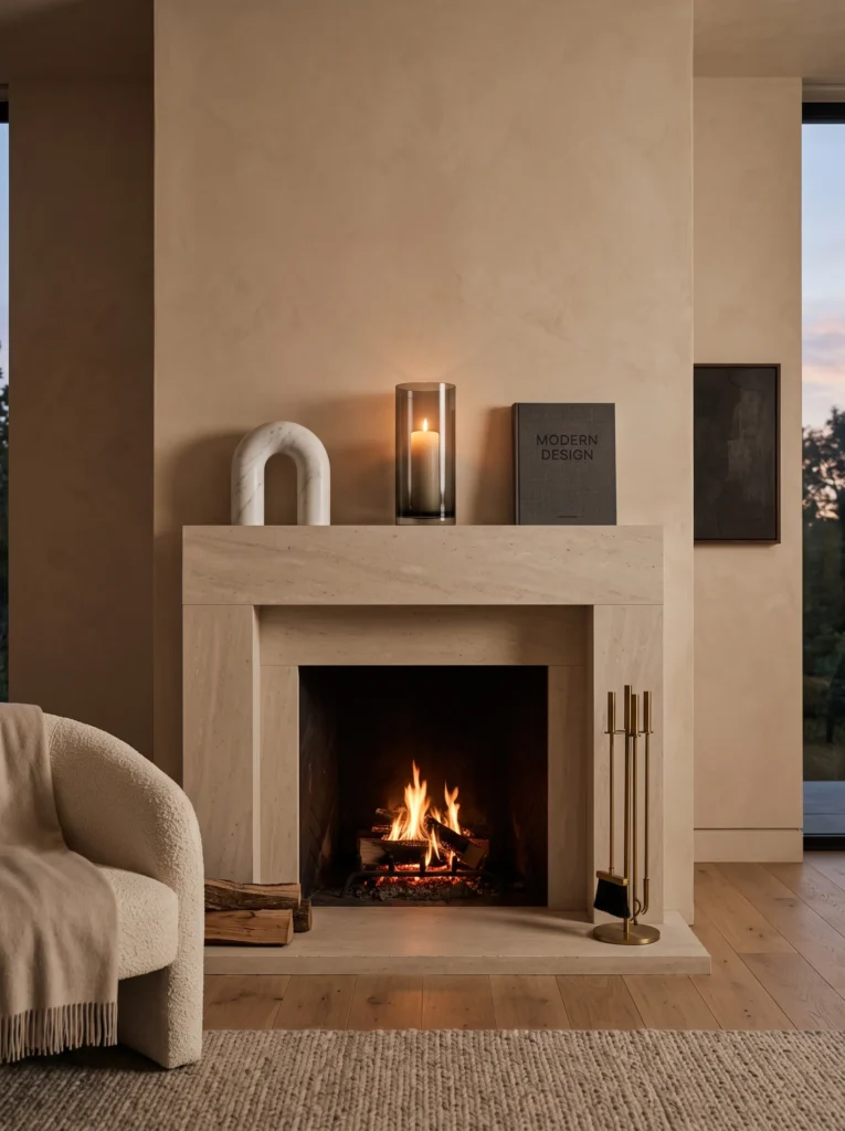 Sculptural white marble arch styled on a limestone mantel