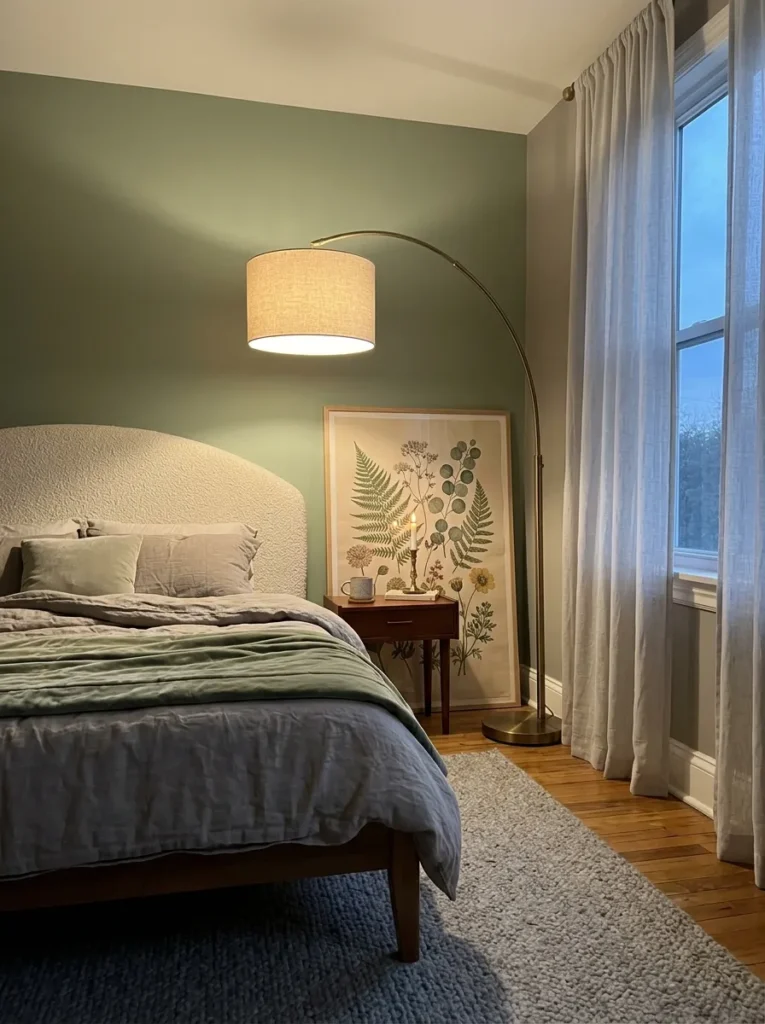 Moonlit sage green bedroom alcove with brass arc floor lamp and leaned botanical print