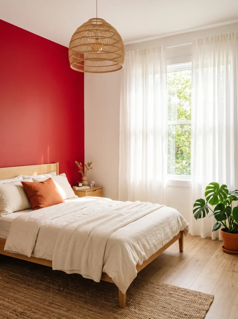  Cherry red accent wall lit by morning sun beside an oak bed frame