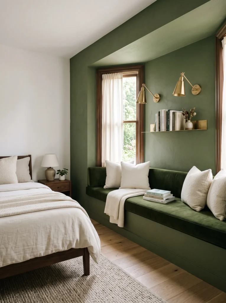 Moss-green window bench matching a moss-green wall nook
