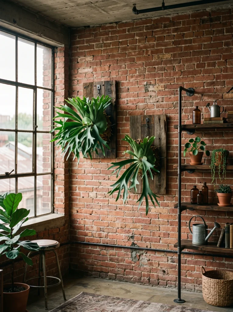 Two staghorn ferns mounted on reclaimed wood against exposed brick in an industrial loft