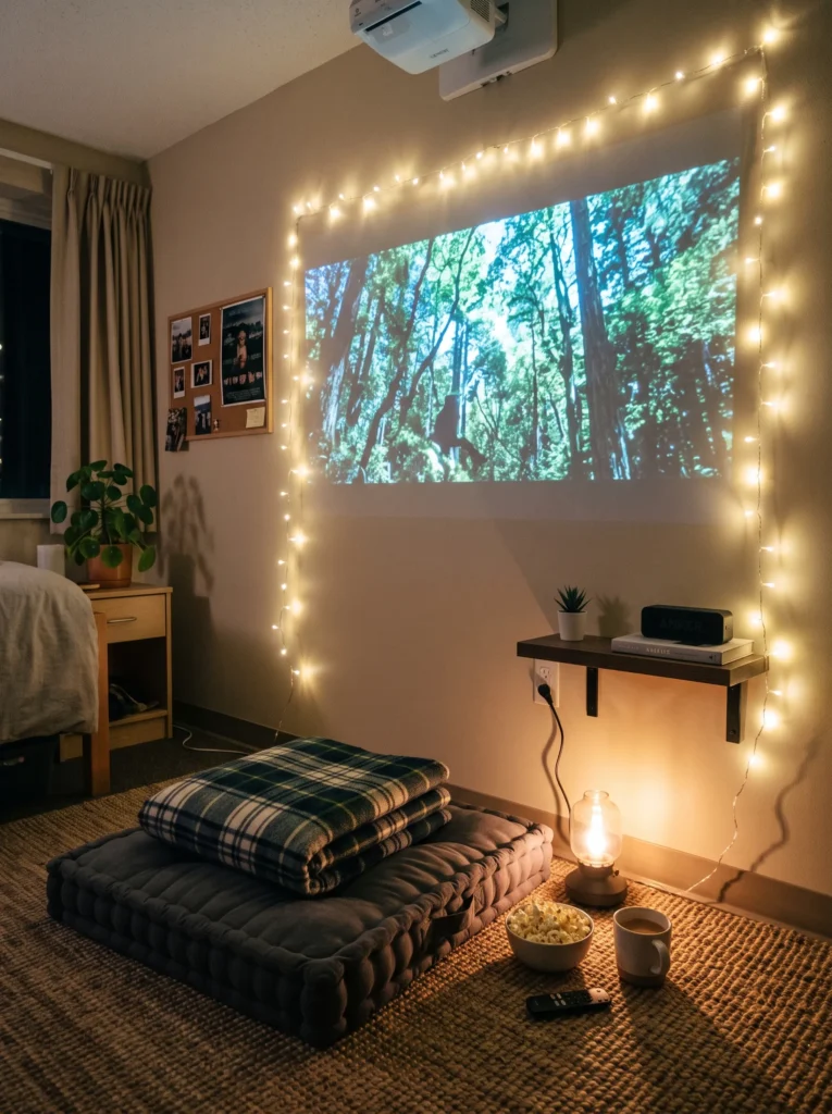 Cozy dorm movie nook with compact projector, floor cushion, plaid blanket, and string lights — small dorm room ideas for guys.