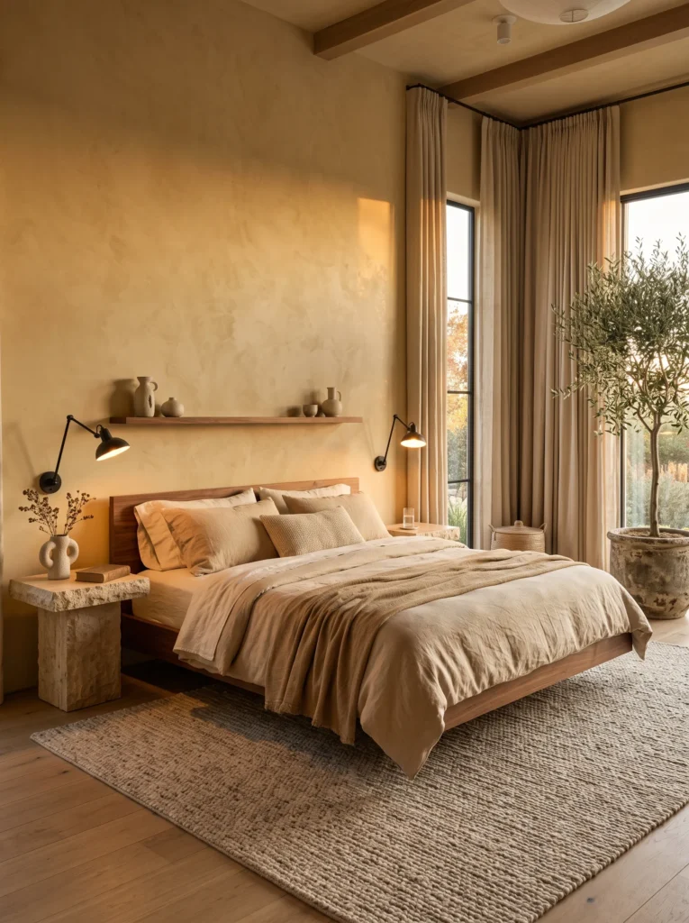Muted saffron ochre bedroom with floating walnut bed and olive tree