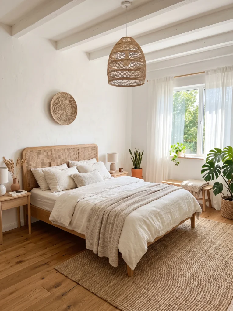 Natural cane weave rattan headboard in a bright neutral boho bedroom