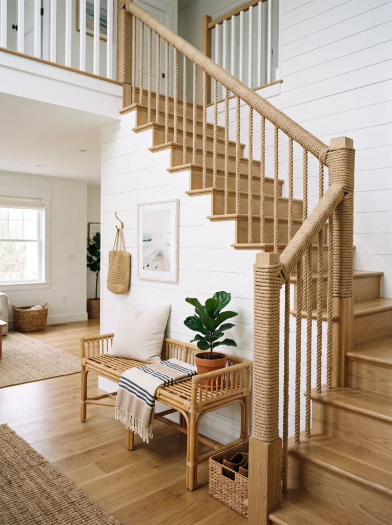 Nautical rope detailing wrapped around a staircase railing in a coastal home