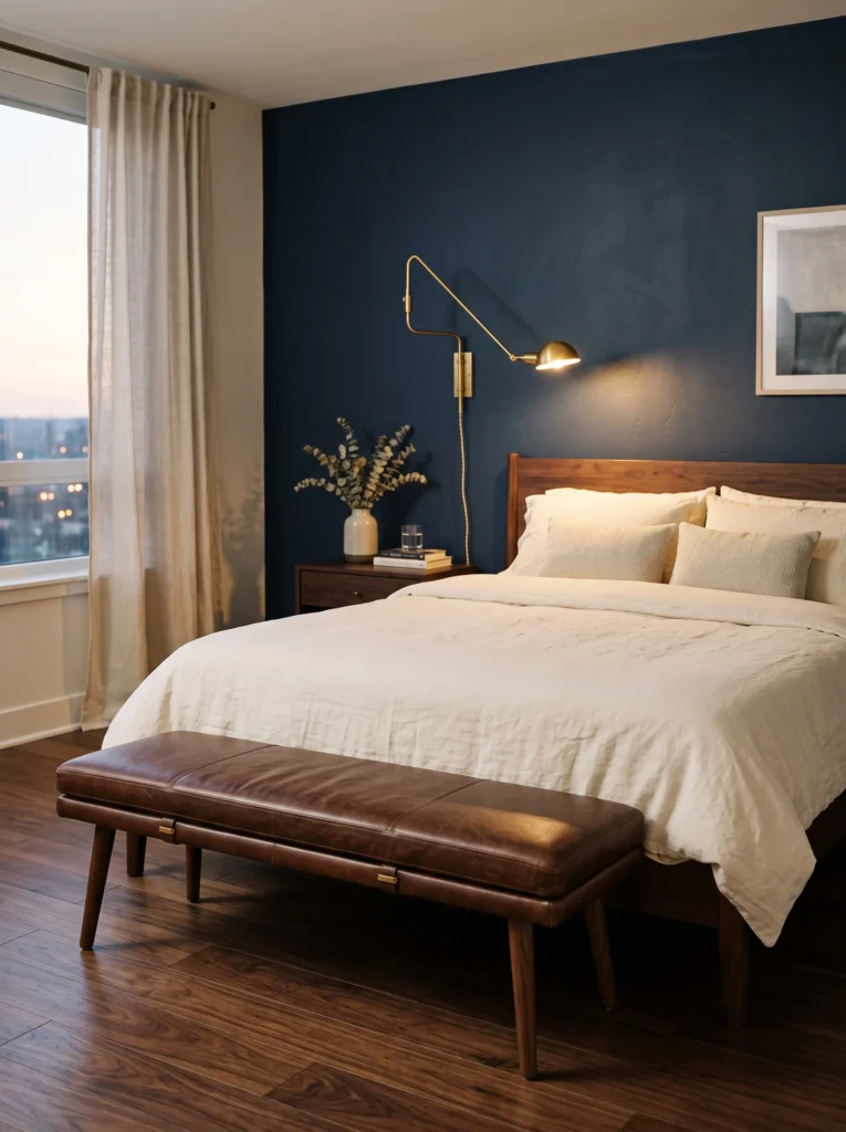 Deep navy bedroom wall with a brass reading sconce above the headboard