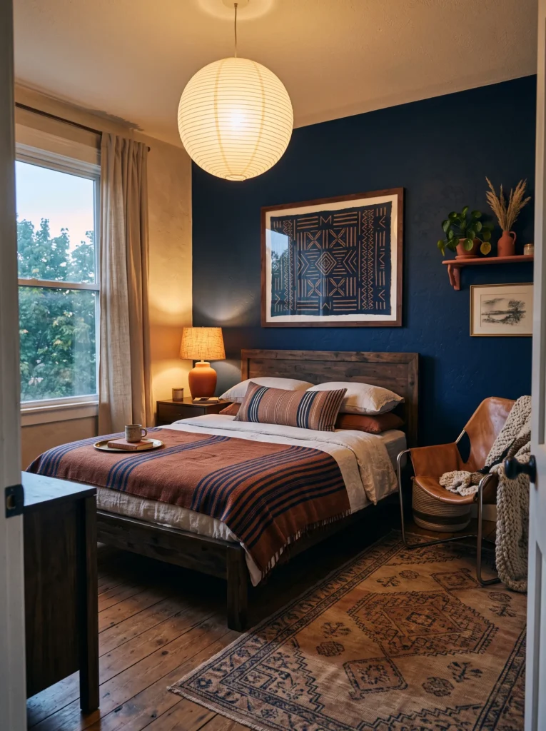 Navy accent wall paired with rust textiles in a nomad-style bedroom