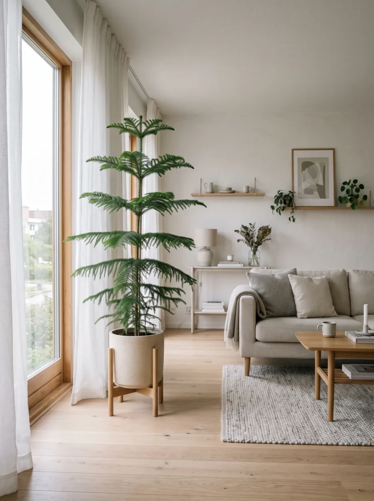 Tall Norfolk Island pine in a pale ceramic pot styled for a Scandinavian living room