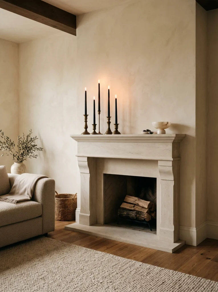 Matte black taper candles in brass holders on a limestone mantel