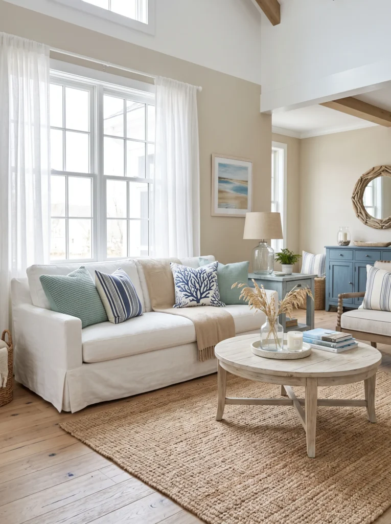 Soft blue and sandy neutral color palette styled in a bright living room