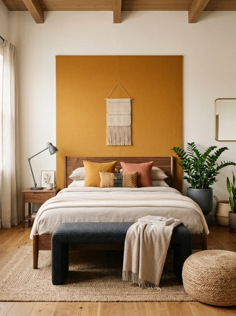 Ochre textile headboard backdrop in a graphite and walnut boho bedroom