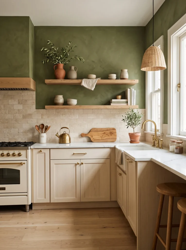 Small kitchen with olive green limewash accent wall, floating white oak shelves, and ivory shaker cabinets.