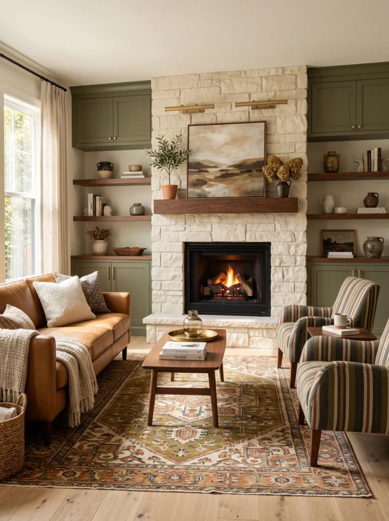 olive green built-in cabinets framing a creamy limestone fireplace