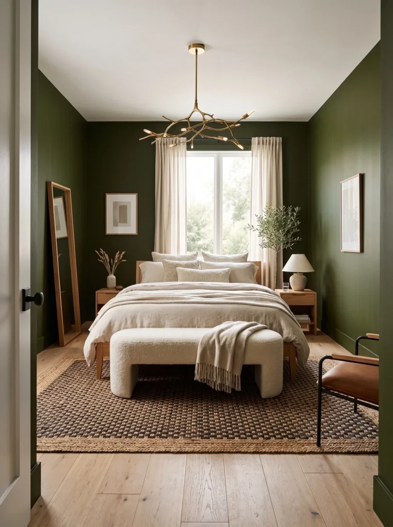 Olive-dark green bedroom with a sculptural brass pendant light