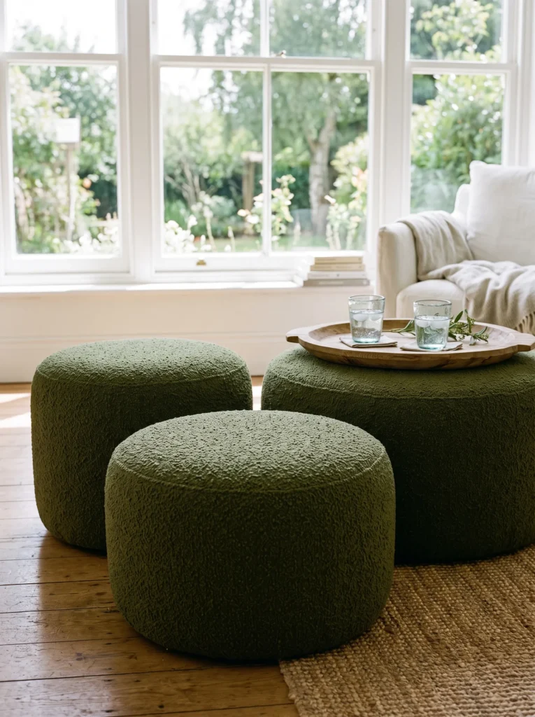 Cluster of low olive-green bouclé ottomans with a wooden drink tray near a window.