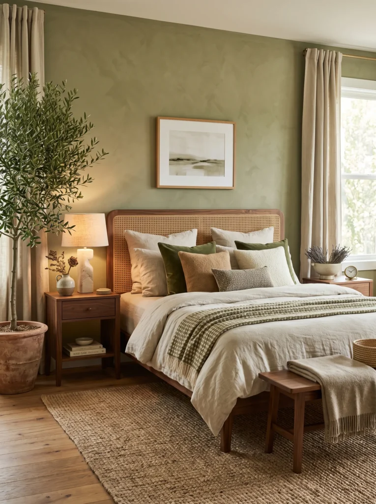 Olive green bedroom with woven headboard and natural wood accents