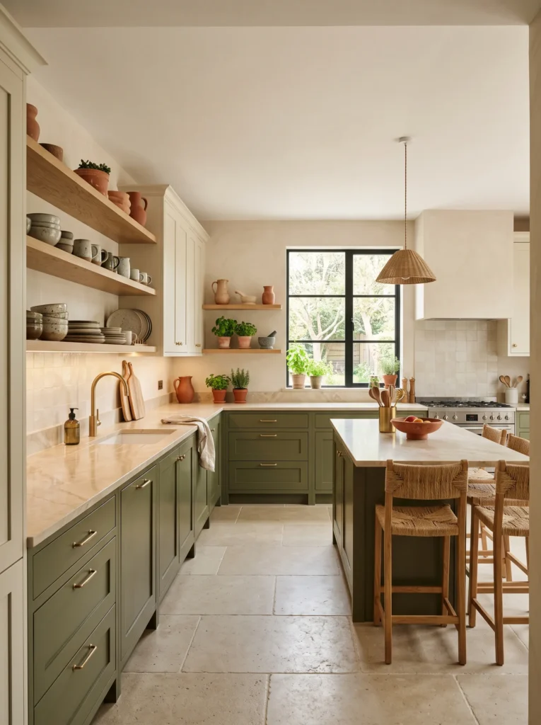 olive green kitchen cabinetry brass hardware 2026