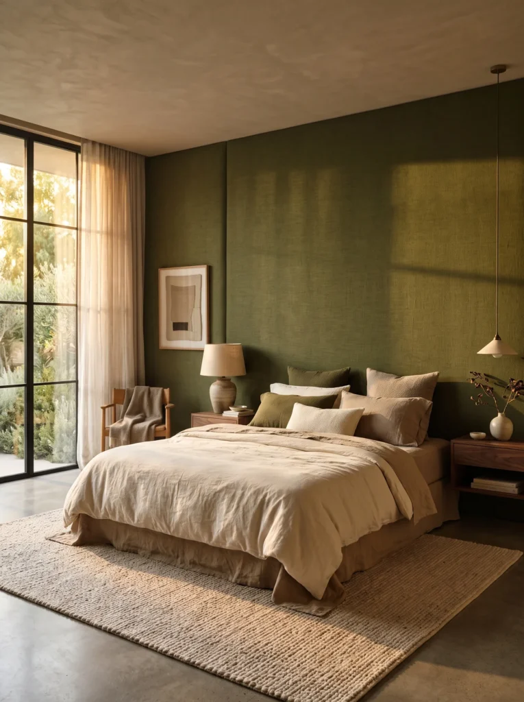 Floor-to-ceiling olive green linen upholstered headboard in a minimalist bedroom