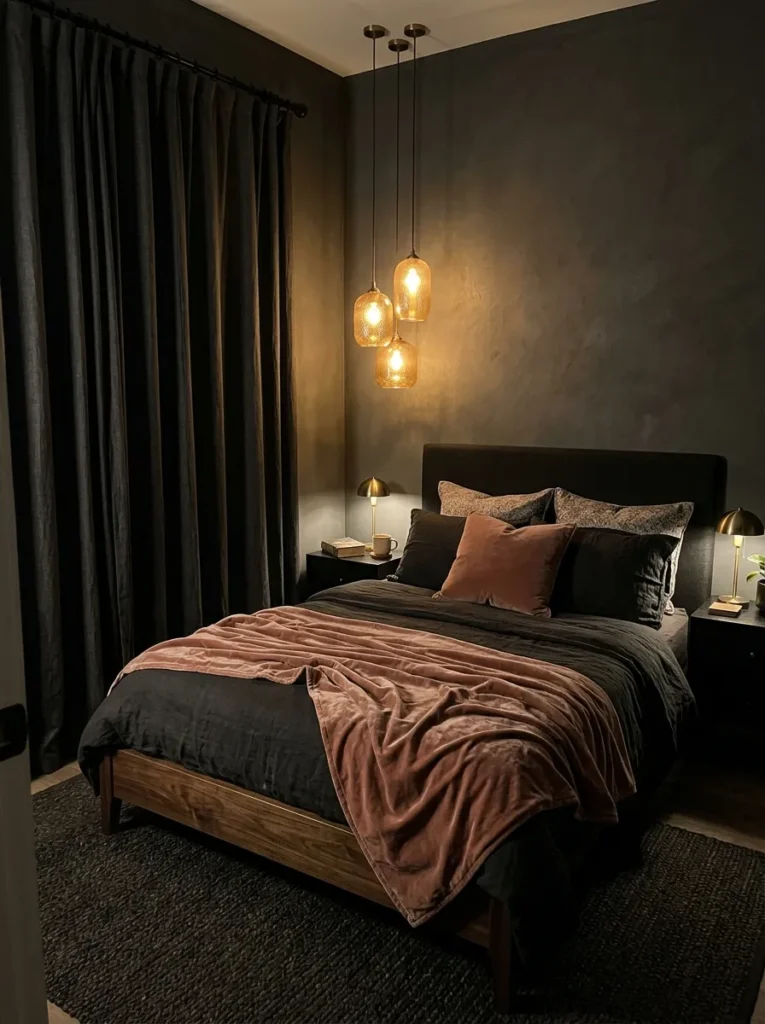 Onyx and amber nightscape bedroom with clustered amber glass pendant lights