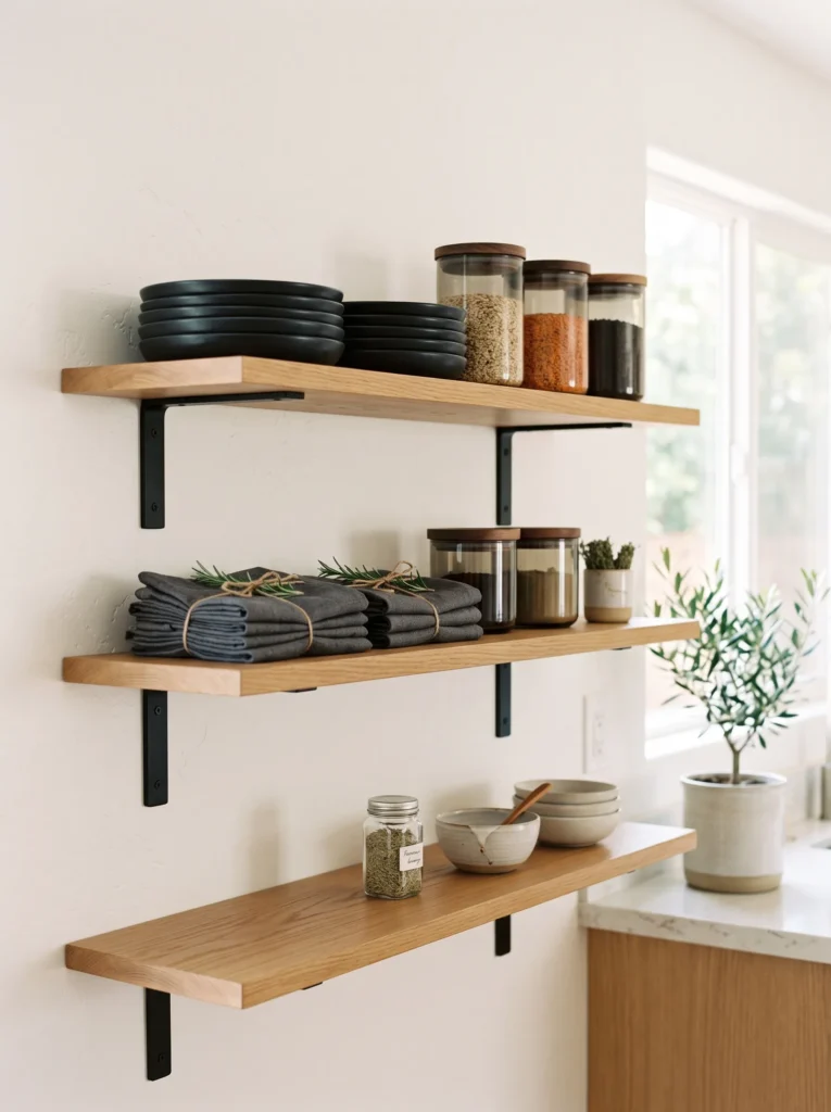 black stoneware and smoked glass jars styled on open kitchen shelving