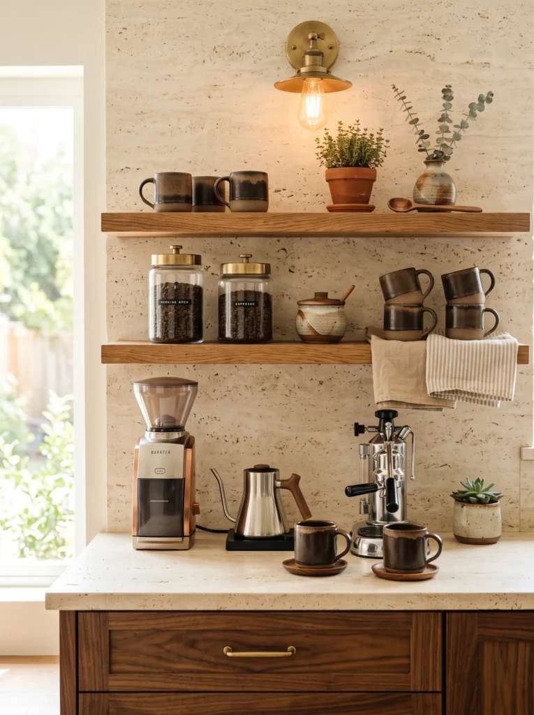 organic coffee corner floating shelves ceramics