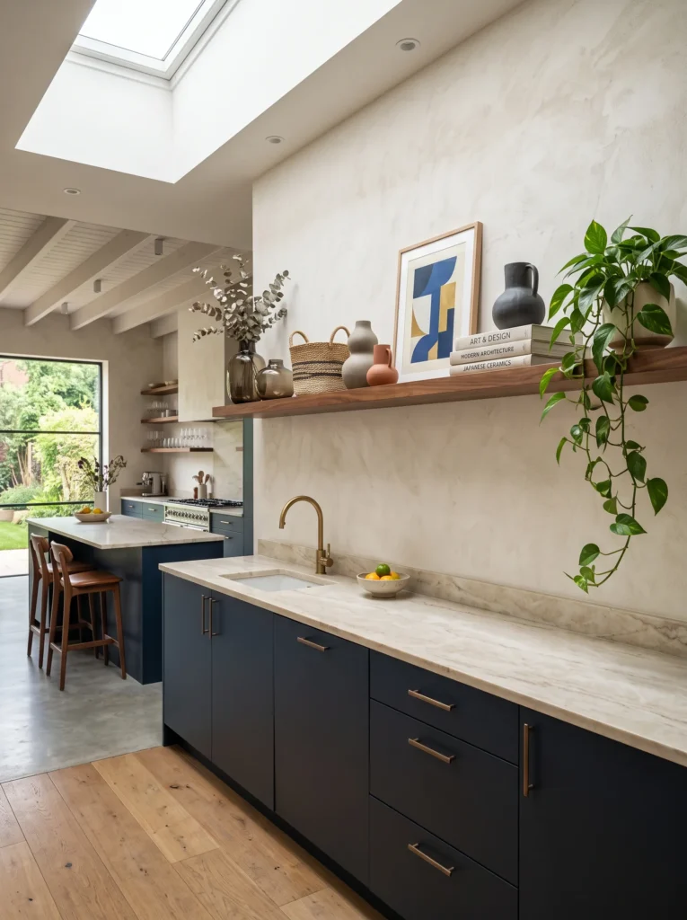 Modern boho kitchen decor floating walnut display ledge with sculptural ceramics, woven baskets, and trailing philodendron.