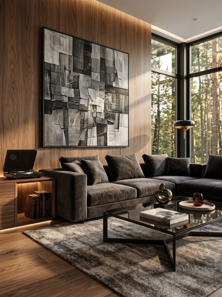  Large monochrome abstract canvas above a charcoal sofa in a luxury masculine living room