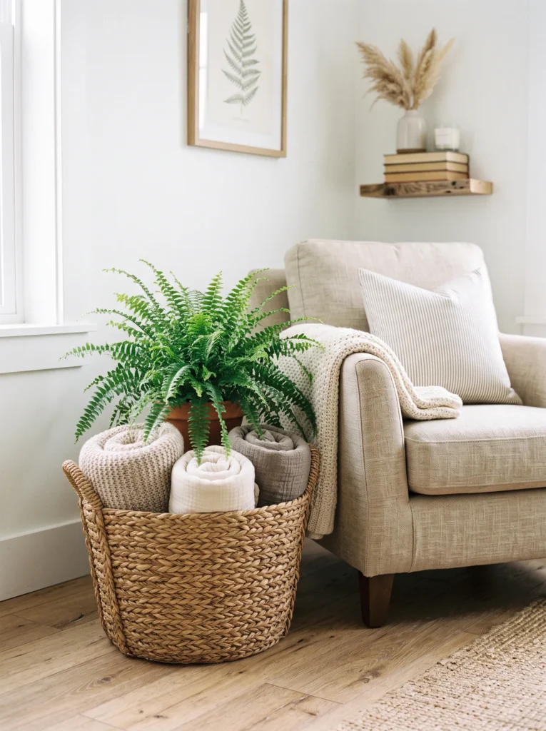  Oversized woven seagrass basket styled beside a linen armchair