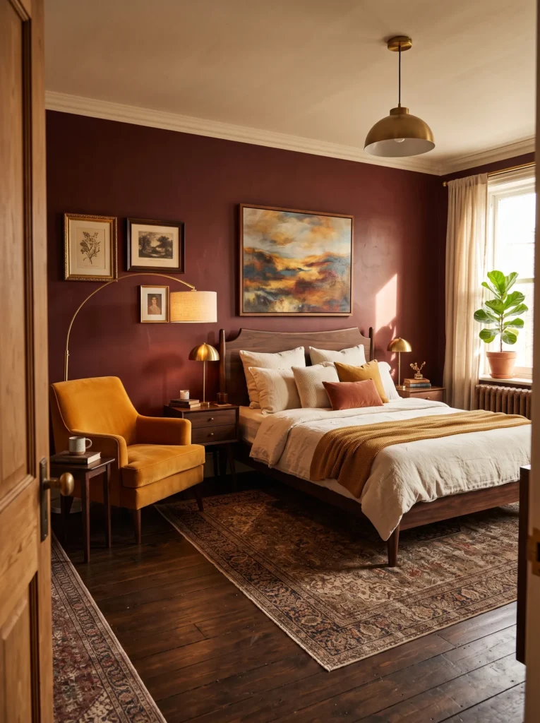 Oxblood bedroom wall with a marigold velvet accent chair