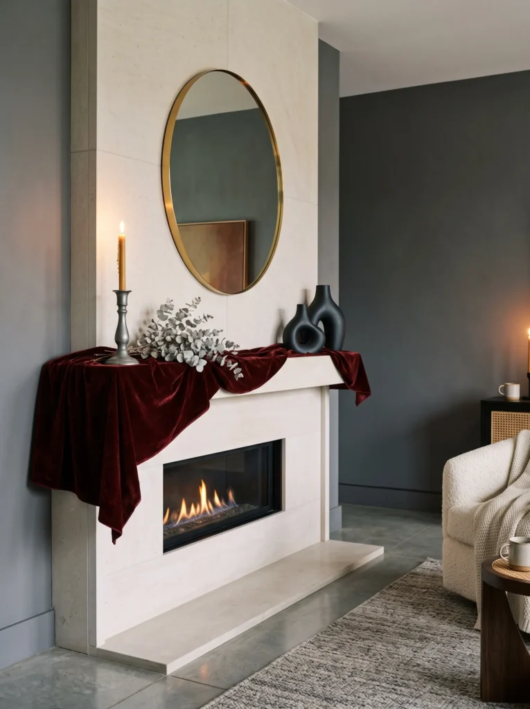 Oxblood velvet fabric draped loosely along a mantel edge