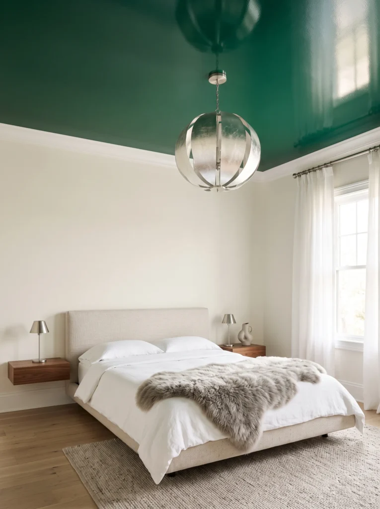 Glossy emerald-painted ceiling with a silver leaf pendant light