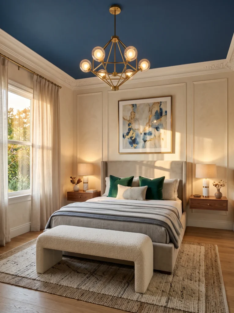 matte sapphire blue ceiling with crown molding and a sculptural brass chandelier