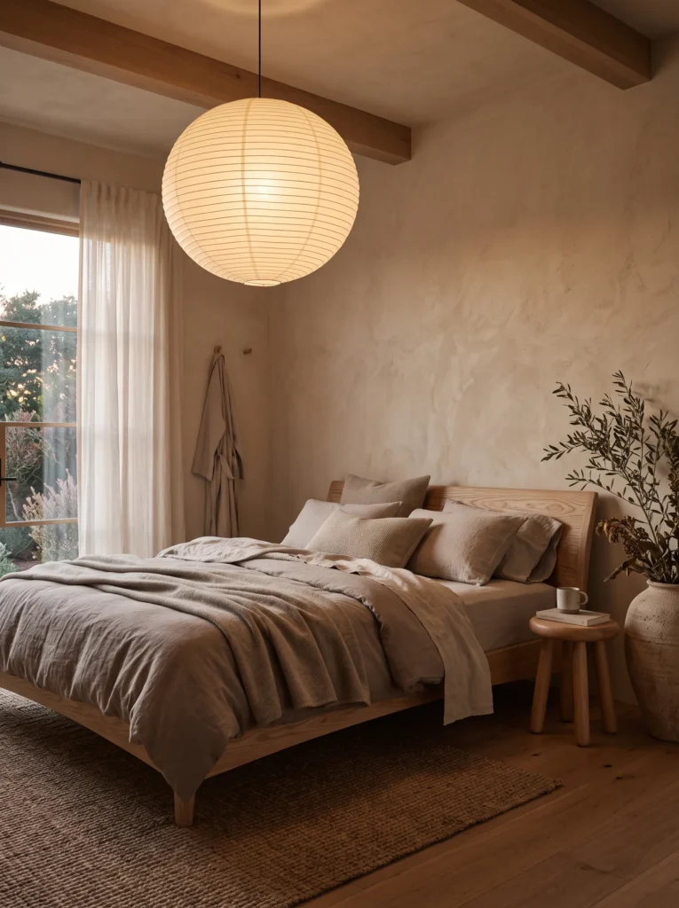 Handcrafted rice paper pendant lamp glowing above a low wooden bed