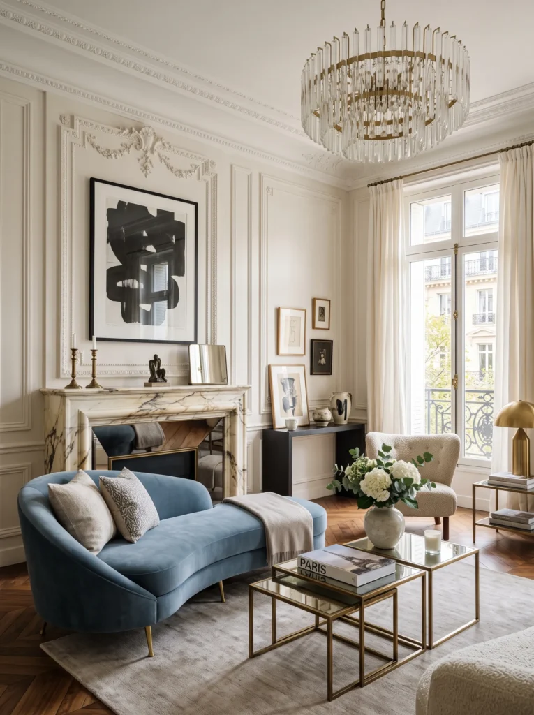 Calacatta marble fireplace with ornate molding and dusty blue sofa