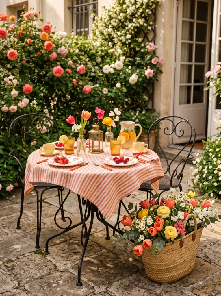 Parisian bistro patio table with coral linens and a woven flower basket