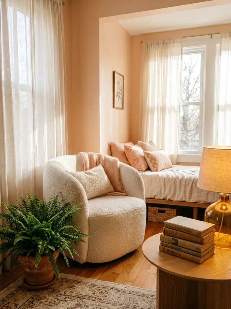Peach and ivory reading corner with bouclé chair and amber glass lamp