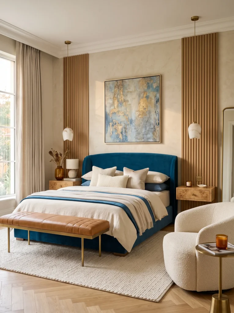 curved peacock blue upholstered bed against a limestone plaster wall with floating burl wood nightstands