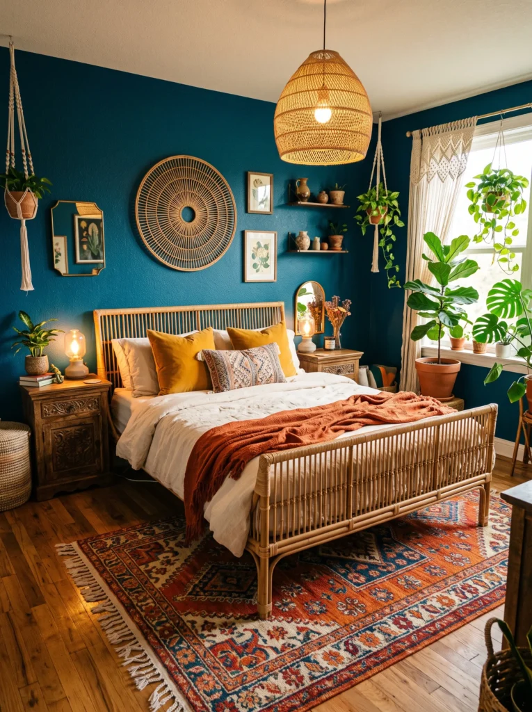 Peacock blue bedroom wall with woven rattan headboard and mustard accents