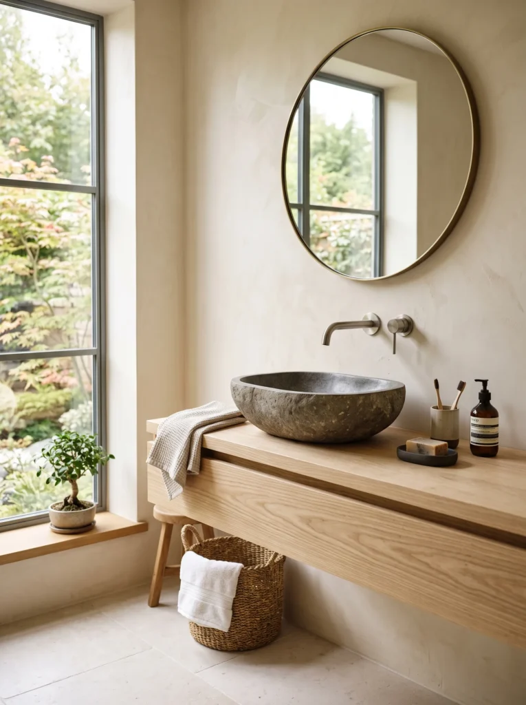 handcrafted pebble-gray stone vessel basin on an ash wood vanity