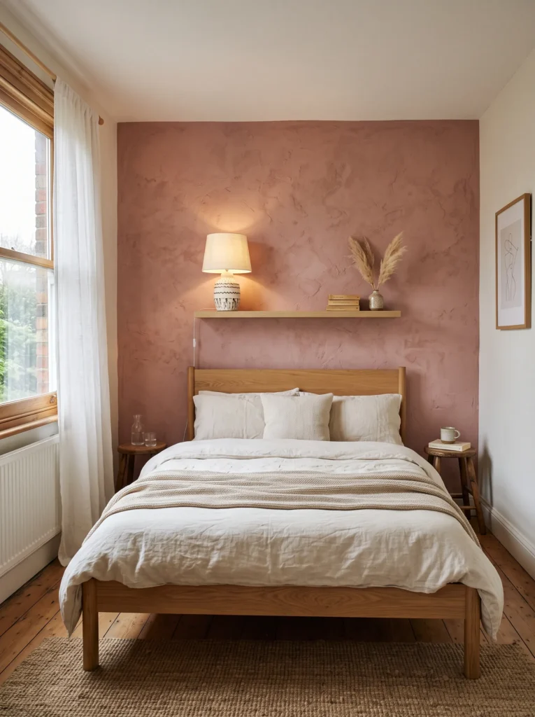 Dusty rose peel-and-stick plaster wallpaper behind a rental bed