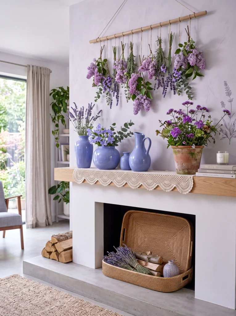Terracotta pot of verbena tucked beside periwinkle vessels on a mantel"