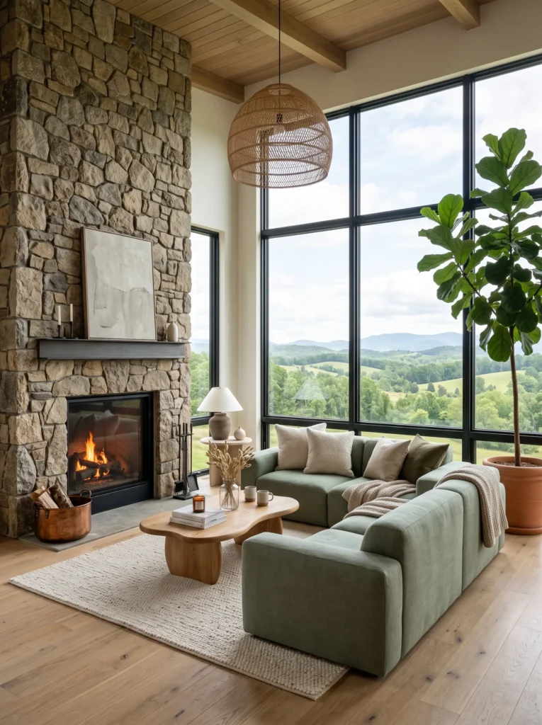 tall natural stone fireplace beside picture windows overlooking hills