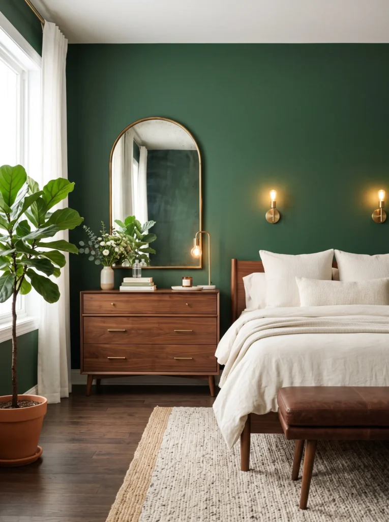 Pine green bedroom wall with an antique brass arched mirror