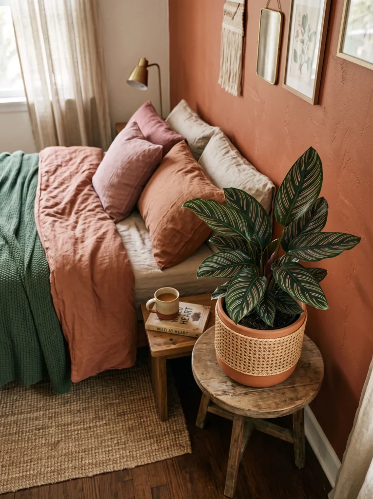 Pinstripe calathea ornata with pink-striped leaves in a woven pot in a boho-luxe bedroom