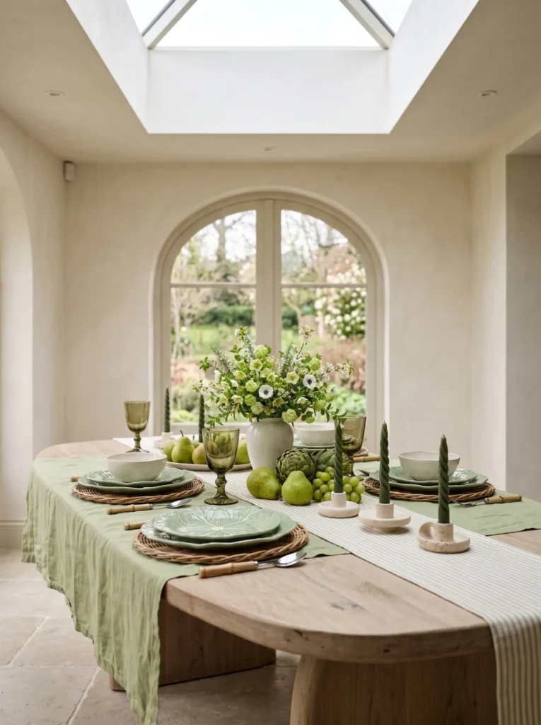 Pistachio green market-inspired table with cabbage ceramic plates and fresh pear