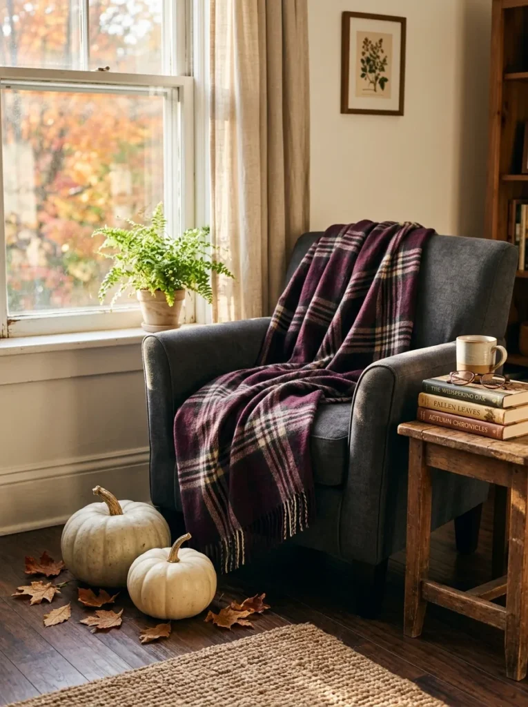 Cozy Plaid and Pumpkin Reading Corner
