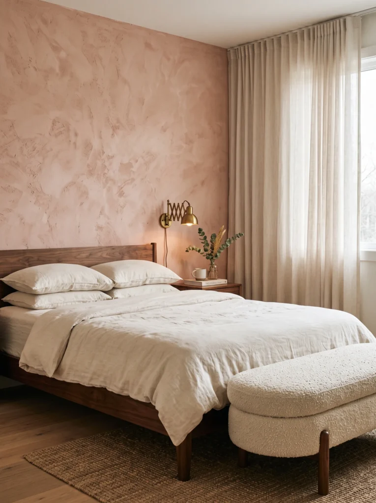 Hand-troweled blush plaster wall with walnut bed frame