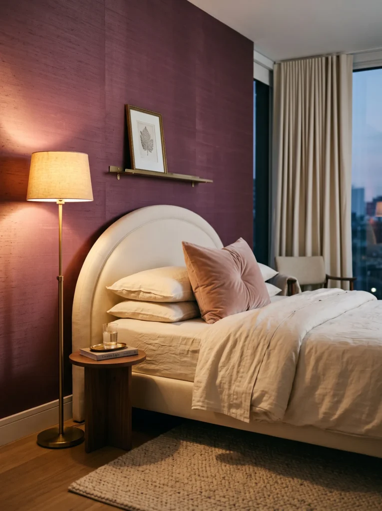Plum silk accent wall behind a curved upholstered headboard
