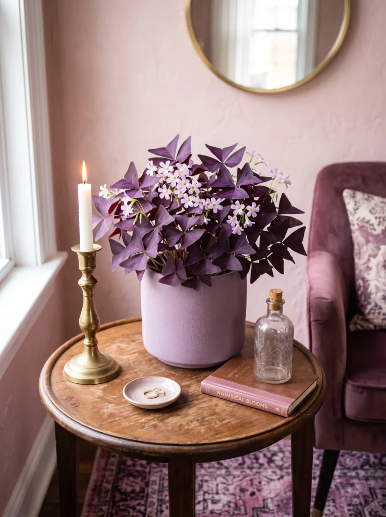 Oxalis triangularis with deep purple triangular leaves in a lilac ceramic pot on a side table