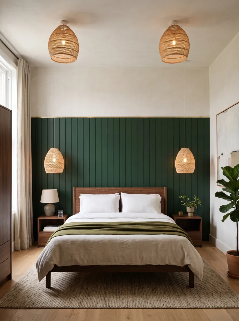 Racing green paneled wall with a brass reveal strip at the seam